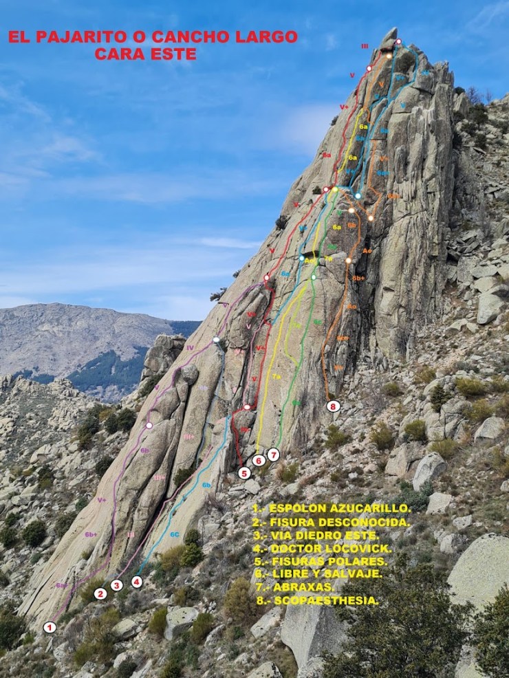Las vías de escalada de la cara Este del Pajarito o Cancho Largo, la Cabrera
